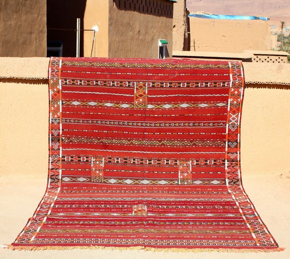 ORIGINAL VINTAGE RUG 6x10 red moroccan kilim flat weave area rug -nomad beni mguild rug, handmade wool rug