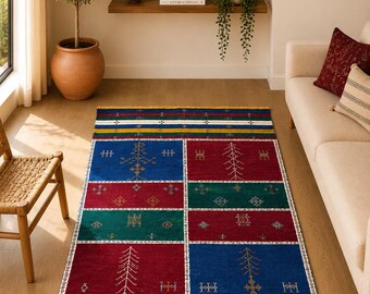 Colorful Moroccan Akhnif Carpet – Wool Flatweave Rug 5x9 ft – Handmade Berber Tribal Decor - Moroccan Living Room Rug – Wool Berber Art