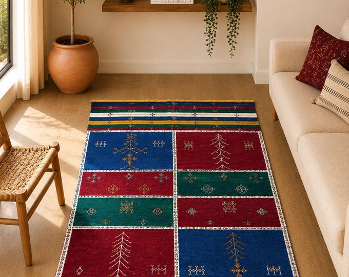 Colorful Moroccan Akhnif Carpet – Wool Flatweave Rug 5x9 ft – Handmade Berber Tribal Decor - Moroccan Living Room Rug – Wool Berber Art