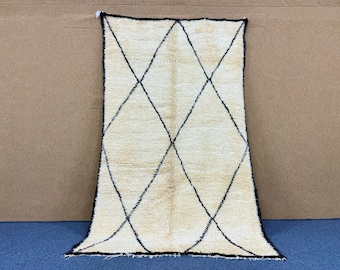 Vintage Beni Ourain Rug 4x8 ft – Moroccan Wool Carpet – Handmade Beni Ourain Rug – Thick Pile Moroccan Wool – Berber Home Decor