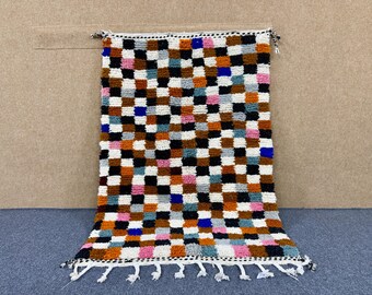 Moroccan Azilal Checkered Rug 3x5 ft– Moroccan Tribal Wool Carpet–Modern Azilal Rug – Artistic Colorful Handmade Rug– Boho Bedroom Rug