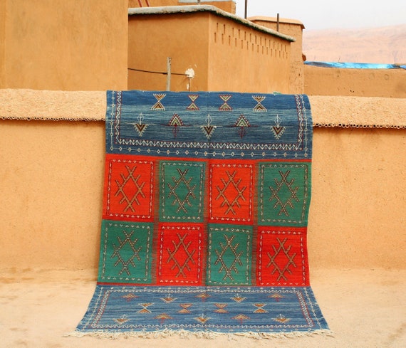 Amazing Blue Moroccan Berber Rug - 5x8 Rug - Flat Weave Rug - Blue Kilim Rug - Embroidery Rug - Vintage Moroccan Textile