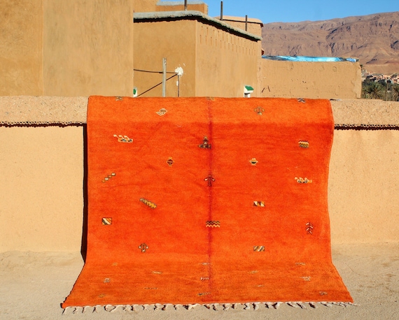 Bright Orange Authentic Taznakht Moroccan Rug 7x9,  Hand Knotted Wool Beni Ourain Atlas Area Rug