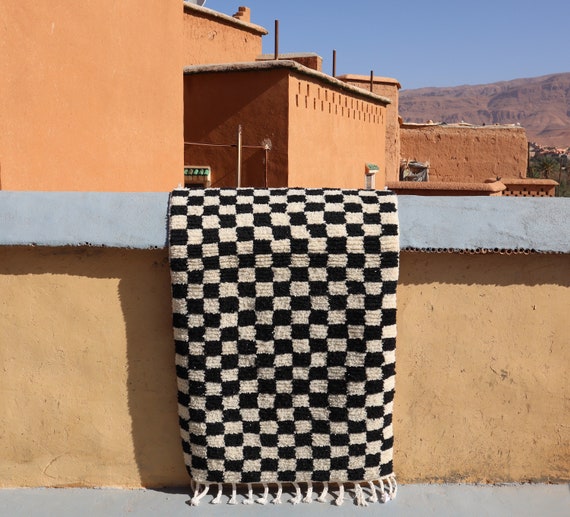 black and white rug checkered wool 3 x 5.2 Feet - checkered rug - berber rug checker - Boho rug - Morrocan Rug - Beni Ourain rug - Wool rug