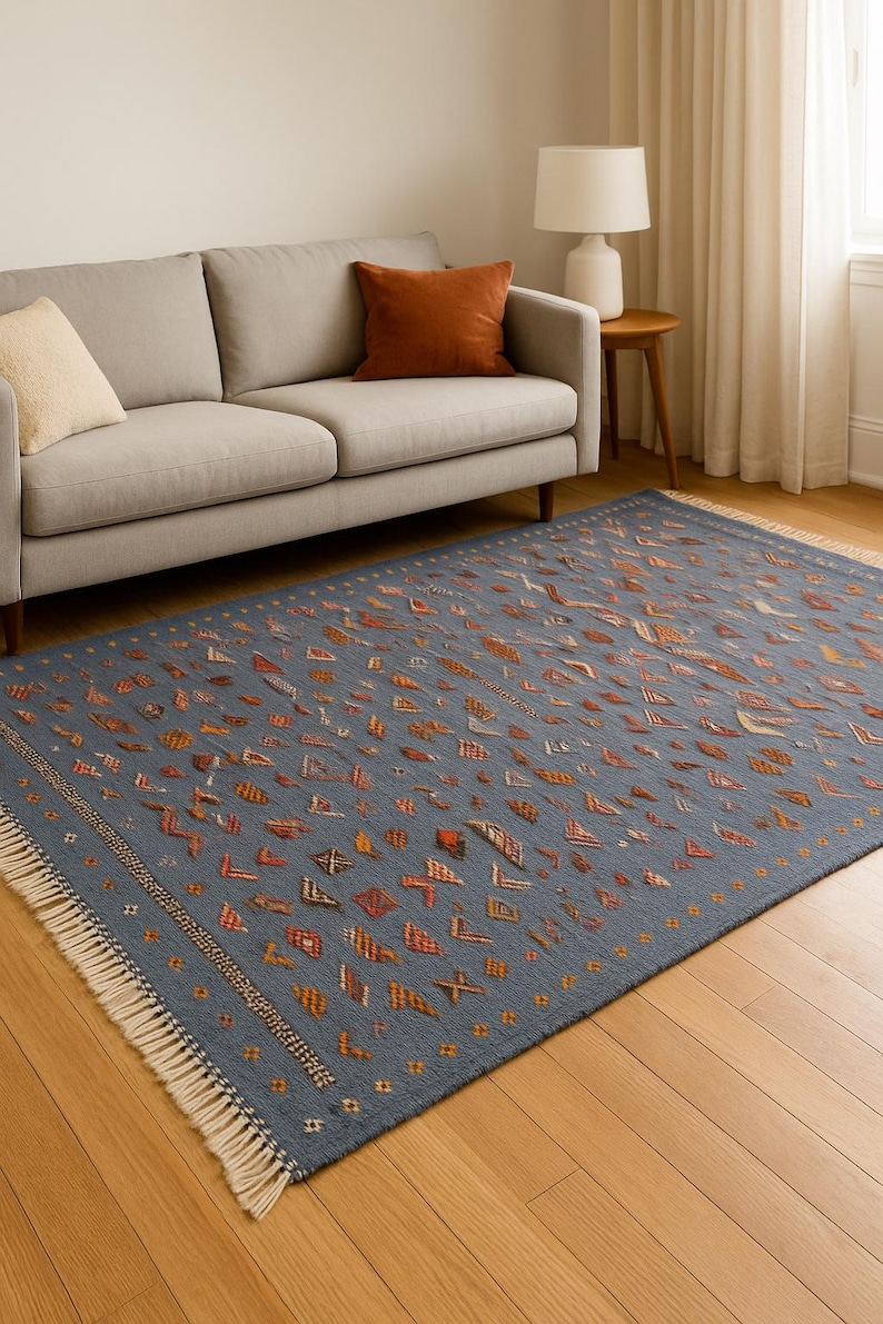 May include: A blue area rug with a geometric pattern in shades of orange, red, and cream. The rug has a fringe on one end and is placed on a hardwood floor. A gray sofa and pillows are in the background.