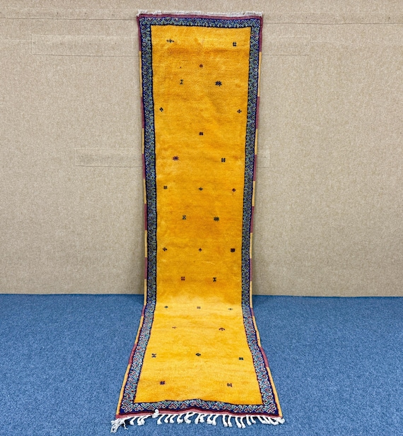 Yellow Moroccan Runner 2x11 ft– Moroccan Wool Rug – Narrow Flat Weave for Entryway or Hall – Berber Tribal Look - Free Shipping