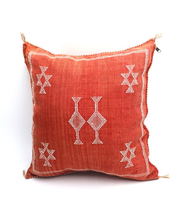 HANDCRAFTED RED silk PILLOW, 18x18 Decorative Throw Cushion, Moroccan Lumbar Accent