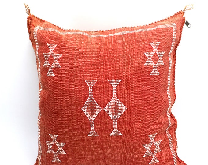 HANDCRAFTED RED silk PILLOW, 18x18 Decorative Throw Cushion, Moroccan Lumbar Accent
