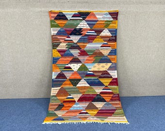 Boho Flatweave Picasso Rug 5x8 ft – Moroccan Akhnif Wool Carpet – Rustic Tribal Home Style – Handmade Berber Wool Carpet–Unique Moroccan Rug