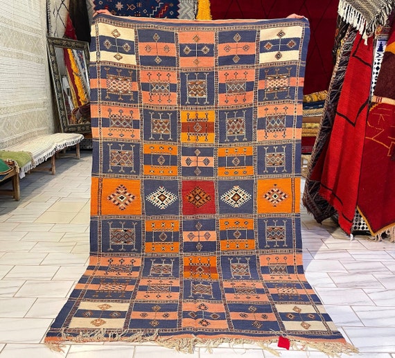 Vintage flat weave rug 5x8.6 feet - moroccan rug - Berber rug - akhnif rug - flat weave rug - blue kilim rug - 8.6 x 5 Feet