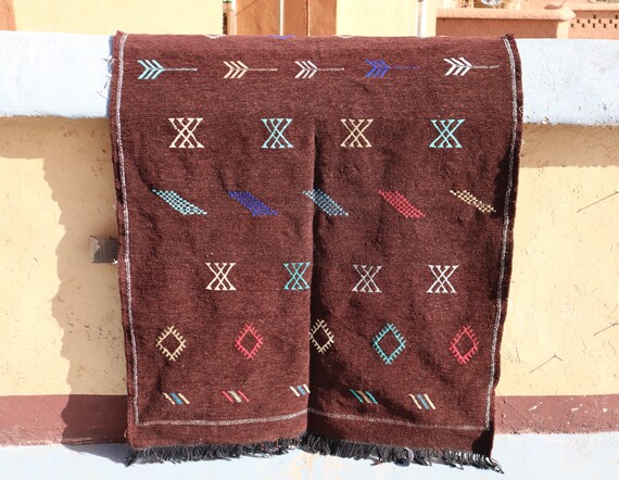 TRADITIONAL BROWN MOROCCAN 3x6 rug, handwoven kilim rug, berber boujaad rug, flat weave rug, morrocan rug, bedroom rug