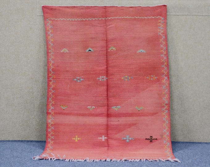 Authentic Red Akhnif Rug 3x4 - Moroccan Flat Weave Rug - Natural Wool Area Rug - Handwoven Berber Rug - Ethnic Moroccan Wall Art