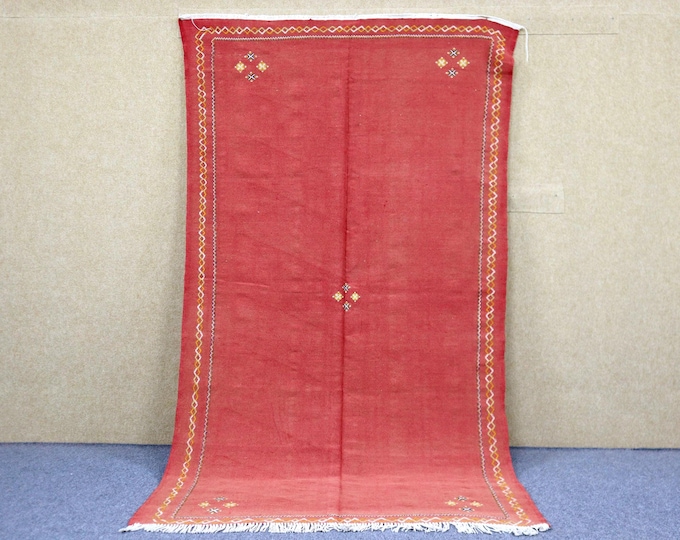 Authentic Moroccan Red Rug 4x8 - Akhnif Handwoven Rug - Natural Wool Area Rug - Berber Rug For Living Room - Minimalist Flat Weave Rug