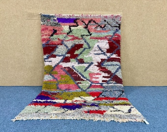 Unique Boucherouite Rug  4x8 ft – Moroccan Colorful Carpet – Recycled Boho Textile– Eco-Friendly Boho Carpet – Living Room Rug