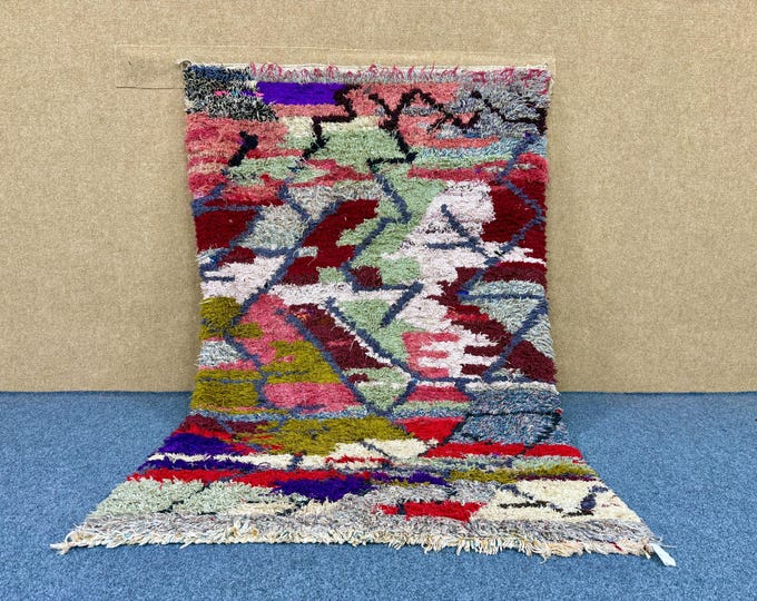 Unique Boucherouite Rug  4x8 ft – Moroccan Colorful Carpet – Recycled Boho Textile– Eco-Friendly Boho Carpet – Living Room Rug