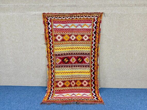 Moroccan Glaoui Rug 4x8 ft – Handwoven Tribal Masterpiece | Kilim + Wool + Embroidery | Textured Boho Statement Rug | Unique Home Decor