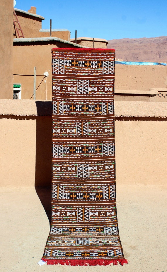 Ethnic Brown Kilim 2x10 Runner, Moroccan Berber Embroidered Kilim Runner, Flat weave hallway Runner