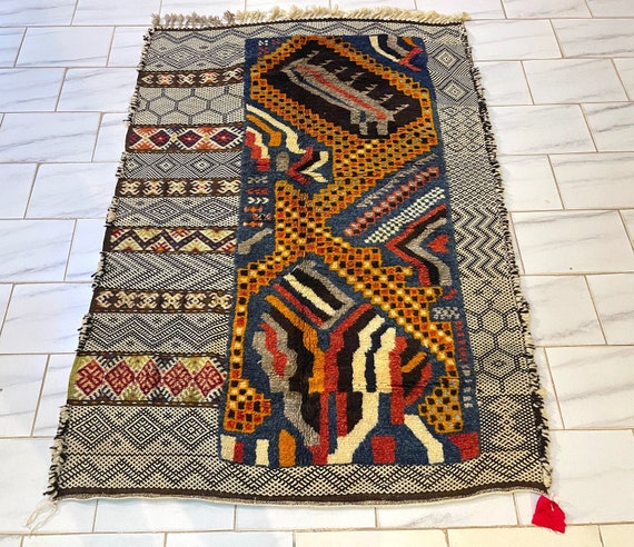 Abstract tribal rug - embroidered kilim - Tuareg Style Rug - Boho Color Rug - Baby Gift Carpet - Flat Woven Blue Rug -Personalized Rug