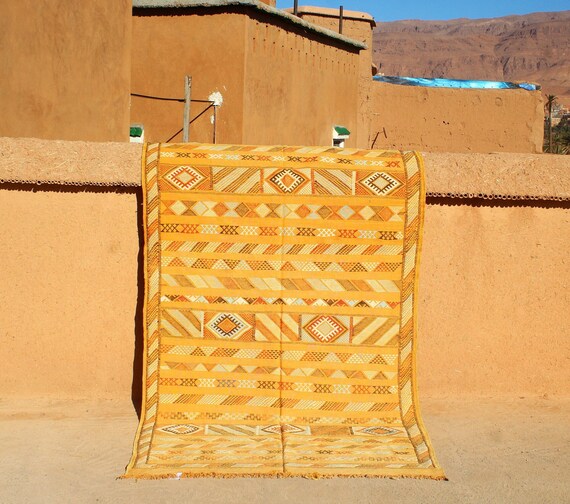 Vibrant Yellow Cactus Silk Rug 4x8, Handwoven Berber Agave Kilim, Eco-Friendly Boho Moroccan Sabra Rug
