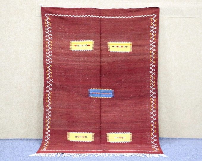 Red Akhnif Rug 3x5 - Flat weave Moroccan Rug - Natural Wool Area Rug - Small Berber Rug - Handwoven Rug -Ethnic Moroccan Wall Art