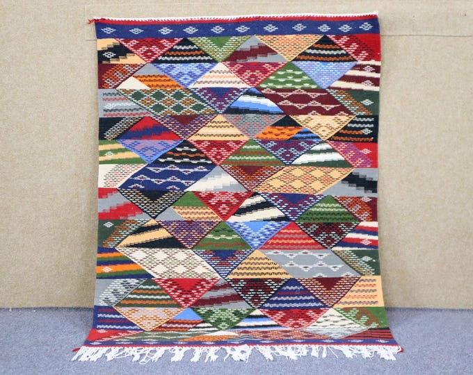 Authentic Moroccan Rug 3x4 - Handwoven Akhnif Rug - Colorful Berber Rug - Natural Wool Area Rug - Moroccan Flat Weave Rug - Ethnic Wall Art