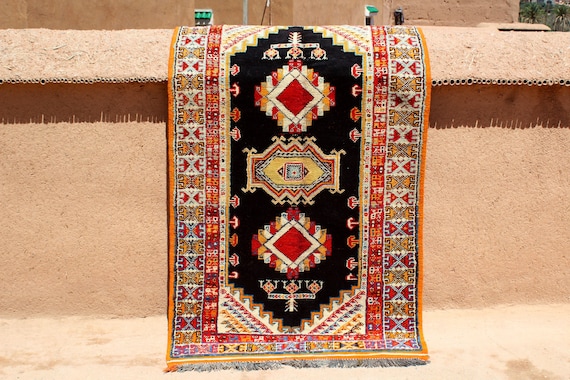 Berber moroccan rug 4x6 vintage rug - handmade rug - vintage rug - Moroccan area rug -black moroccan rug-  3.7 x 6.4 feet