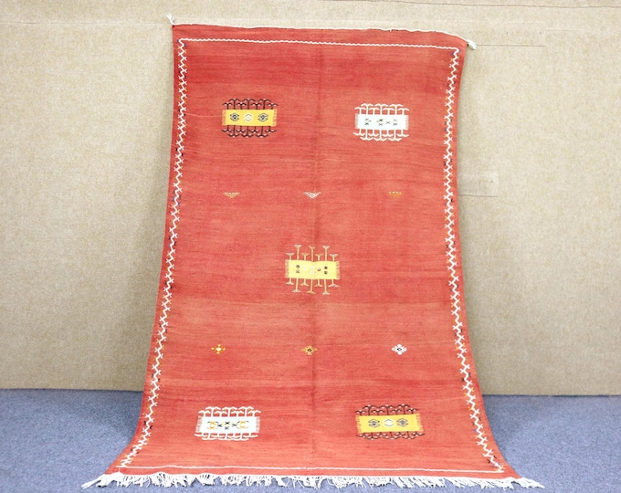 Authentic Moroccan Akhnif Rug 5x8 - Natural Wool Area Rug - Handwoven Rug - Red Berber Rug - Flat Weave Rug For Living Room