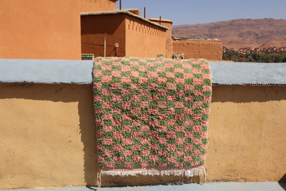 Handmade Pink Tribal Rug - 4x5 rug- Moroccan Berber Checkered Wool Rug - Beni Ourain rug