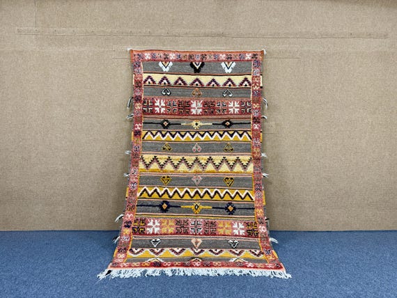 High Atlas Glaoui Rug 4x8 ft – Handmade Moroccan Rug with Kilim and Embroidery – Moroccan Textured Rug – Glaoui Wool Rug – Free Shipping