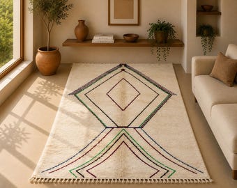 Beni Mrirt Moroccan Rug 5x8 ft | Boho Wool Area Rug | Thick Pile Handmade Carpet | Modern Berber Rug for Neutral Decor | Bohemian Style