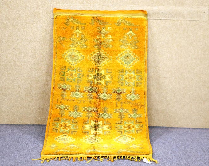 Vibrant Yellow Moroccan Rug 3x5 - Natural Wool Area Rug -Berber Handwoven Rug - Small Tribal Boho Rug