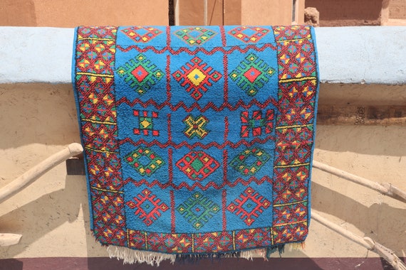 VINTAGE BOUJAAD RUG - 3x4 rug, blue moroccan rug, handmade wool rug