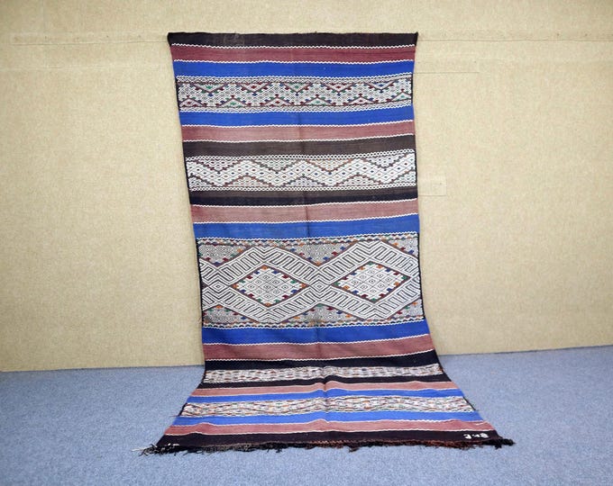 Vintage Moroccan Rug 5x11 - Unique Blue Berber Rug - Kilim Moroccan Rug - Flat Weave Rug For Living Room - Tribal Boho. Rug
