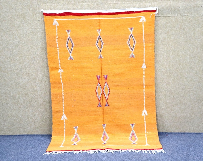 Vibrant Orange Berber Rug 3x5 - Handwoven Moroccan Rug - Flat Weave Rug - Natural Wool Area Rug - Small Akhnif Rug