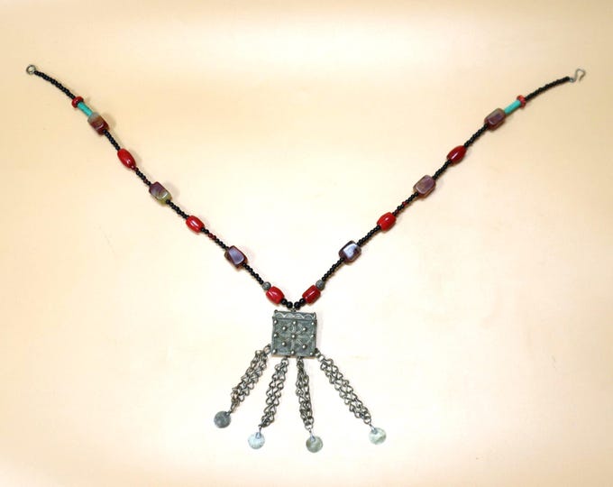 Vintage Berber Necklace, Moroccan Silver Amulet Pendant, Tribal Coral Agate Bead Necklace, Ethnic Talisman necklaces