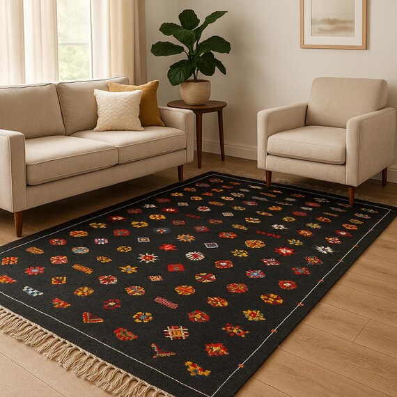 Custom moroccan rug black - berber area rug custom Black Moroccan rug - Black kilim rug - Flatweave rug - Moroccan Black rug Free Shipping