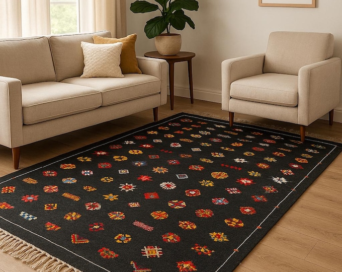 Custom moroccan rug black - berber area rug custom Black Moroccan rug - Black kilim rug - Flatweave rug - Moroccan Black rug Free Shipping