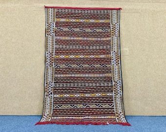 Purple Moroccan Kilim Rug 4x7 ft –Boho Living Room Rug – Handmade Kilim Wool Carpet – Ethnic Tribal Style