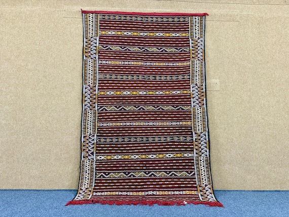 Purple Moroccan Kilim Rug 4x7 ft –Boho Living Room Rug – Handmade Kilim Wool Carpet – Ethnic Tribal Style