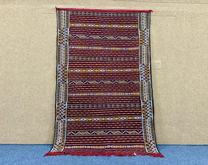 Purple Moroccan Kilim Rug 4x7 ft –Boho Living Room Rug – Handmade Kilim Wool Carpet – Ethnic Tribal Style