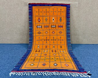 Minimalist Orange Moroccan Rug 4x7 ,Colorful Kilim Rug | Ethnic Bohemian Wool Rug|Berber Kilim Area Rug| Moroccan Decor