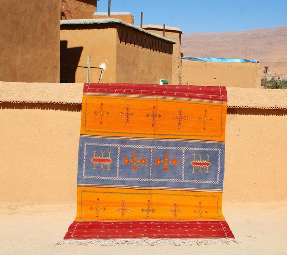 Flat weave rug - kilim rug 5 x8.6 - Yellow berber rug - Morocco rug - Akhnif rug - Taznakht rug - Wool rug - Handwoven rug