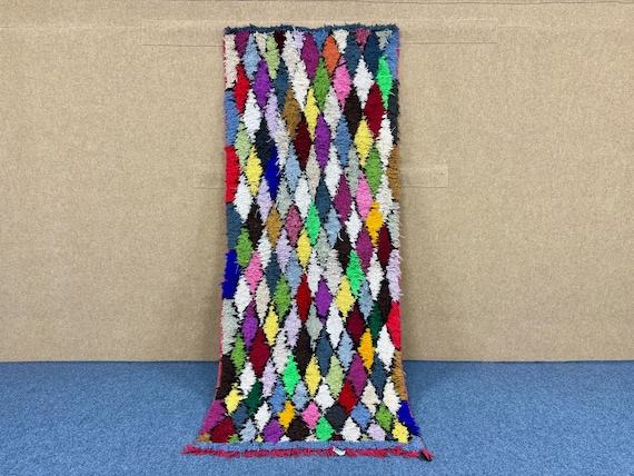 Recycled Fabric  Runner Rug 3x8 ft  – Moroccan Boucherouite Carpet – Bohemian Handmade Floor Artt – Tribal Floor Decor –Moroccan Floor Art