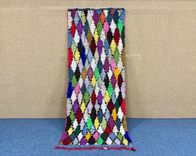 Recycled Fabric  Runner Rug 3x8 ft  – Moroccan Boucherouite Carpet – Bohemian Handmade Floor Artt – Tribal Floor Decor –Moroccan Floor Art