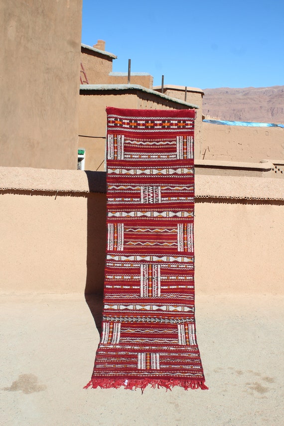 Berber Moroccan Kilim Runner - 2.9x10 Feet - Handwoven Flatweave - Brown and Red Hallway Runner - embroidered kilim runner