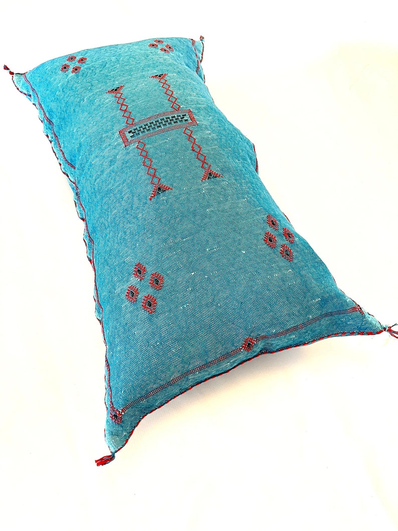 Pu&ograve; includere: Un cuscino blu turchese con cuciture rosse e dettagli ricamati. Il cuscino ha un fiocco su un angolo.