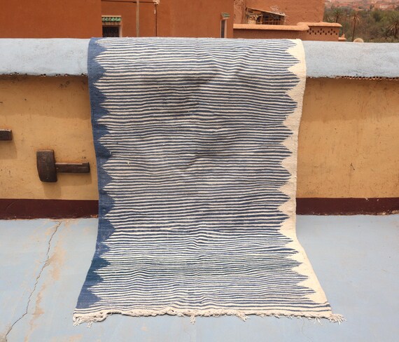 BLUE MOROCCAN RUG, 4x8 Handmade Flat Weave Berber - Traditional Baby Rug, Minimalist Chic