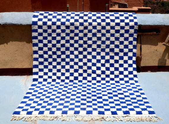 AMAZING BLUE MOROCCAN 7x10 rug, Checkered Beni Ourain rug handmade