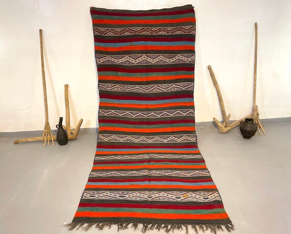 Antique Beauty: 4x12 Moroccan Kilim Rug - Authentic Beni Mguild, Multicolored Pattern