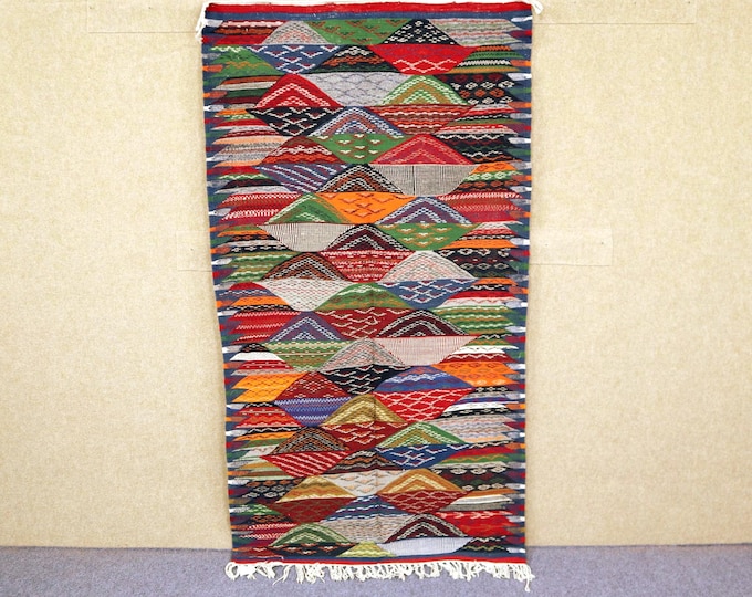Rainbow Moroccan Rug 3x7 - Natural Wool Berber Rug - Flat Weave Rug For Living Room - Akhnif Moroccan Rug